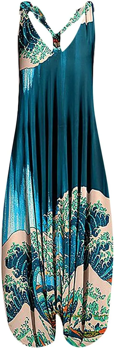 2025 Women Boho Overalls Plus Size Summer Fashion Jumpsuit Loose Fit Rompers Floral Printed Baggy Bohemia Harem Pants
