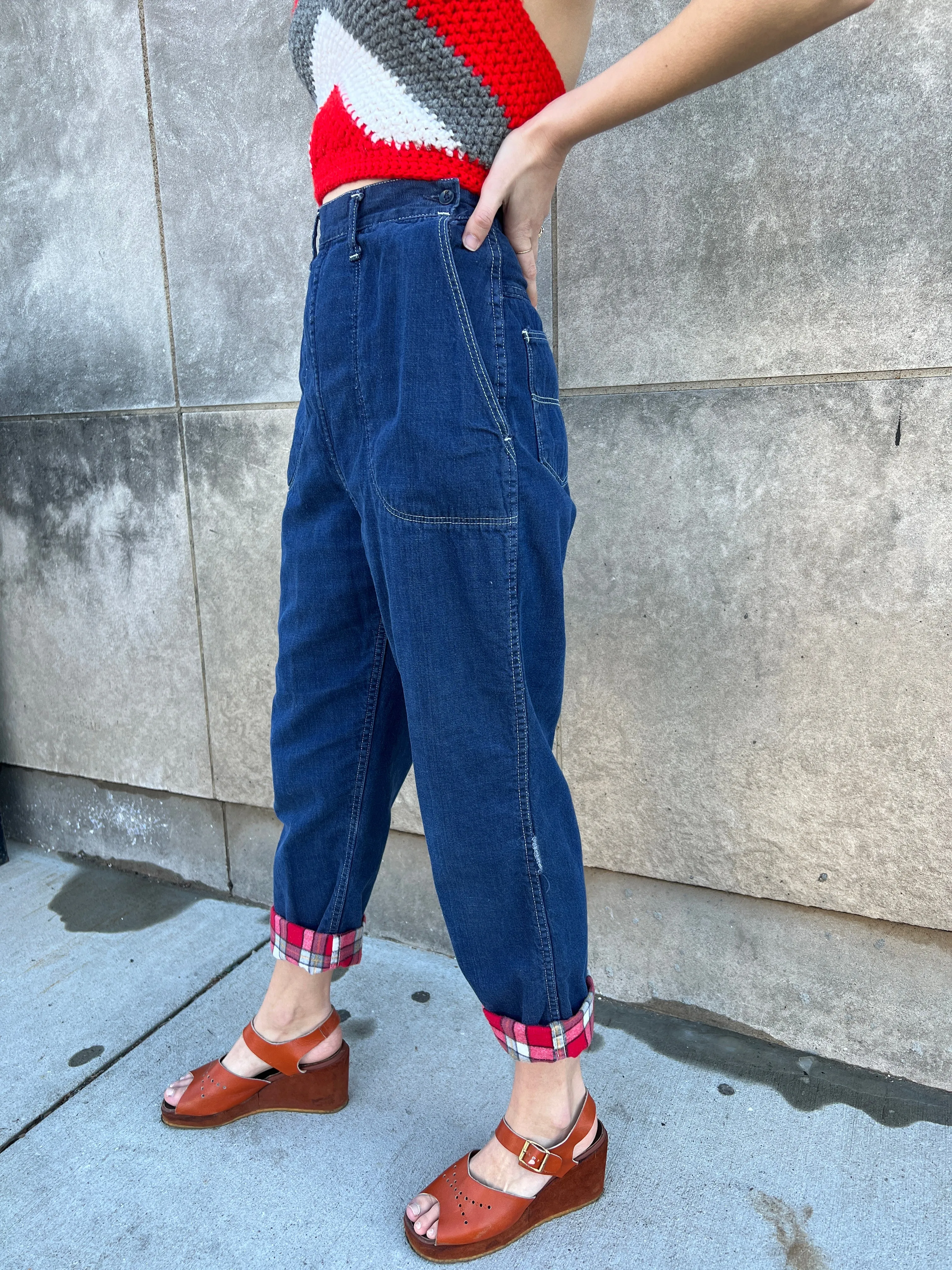 40s/50s Denim Jeans, Flannel Lined, Side Zipper in Pocket