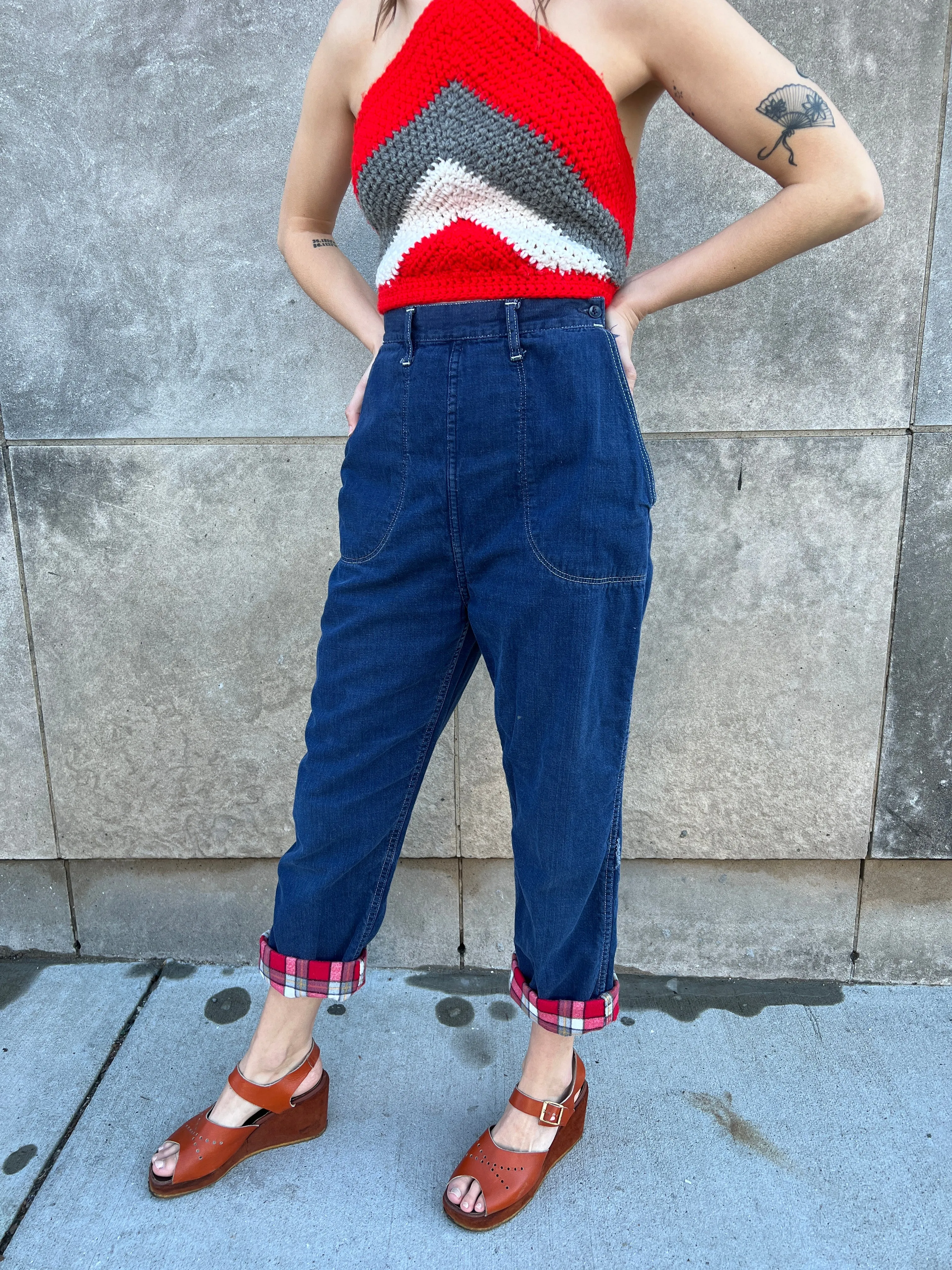 40s/50s Denim Jeans, Flannel Lined, Side Zipper in Pocket