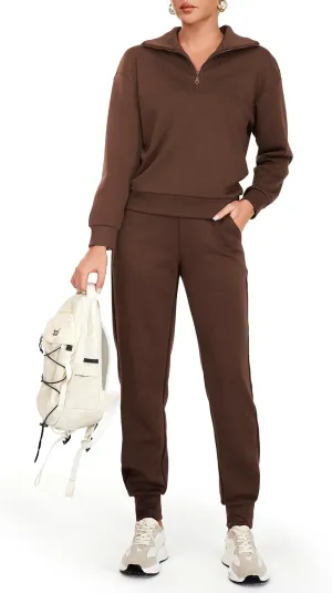 AFITNE Women's 2 Piece Outfits Sweatsuits Long Sleeve Tracksuit Casual Lapel Half Zip Sweatshirt Joggers Sweatpants Set