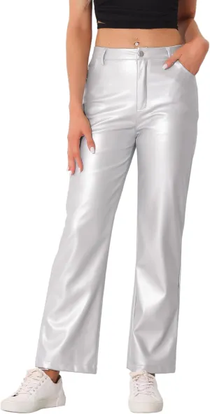 Allegra K Faux Leather Pants for Women's High Waist Straight Leg Punk PU Trousers