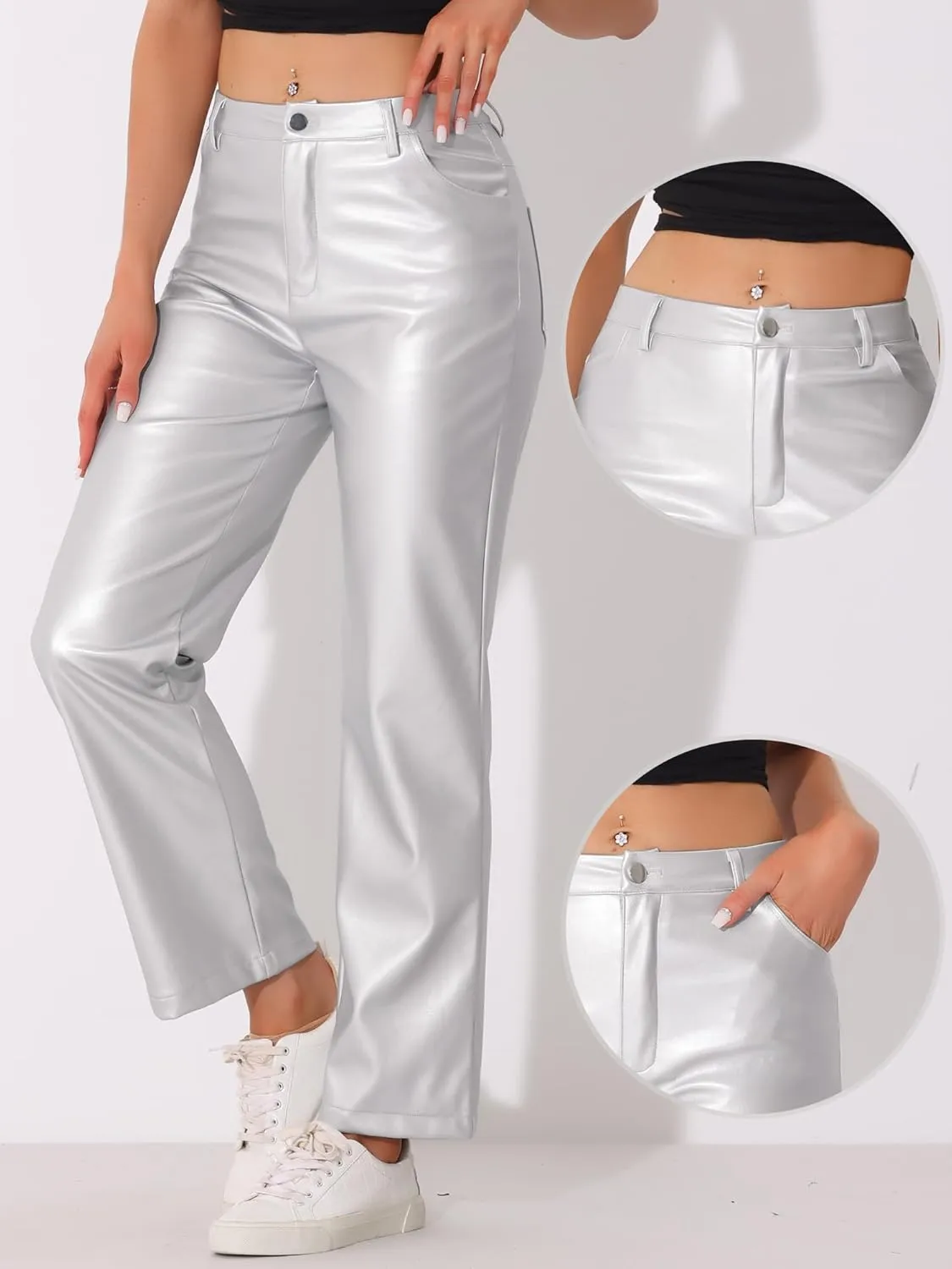 Allegra K Faux Leather Pants for Women's High Waist Straight Leg Punk PU Trousers