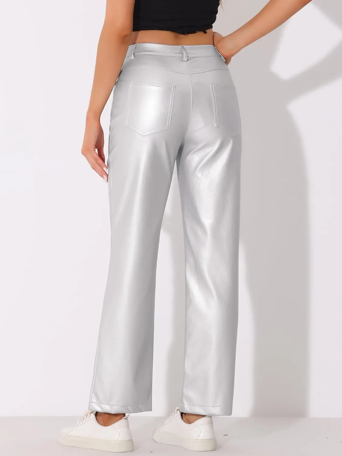 Allegra K Faux Leather Pants for Women's High Waist Straight Leg Punk PU Trousers