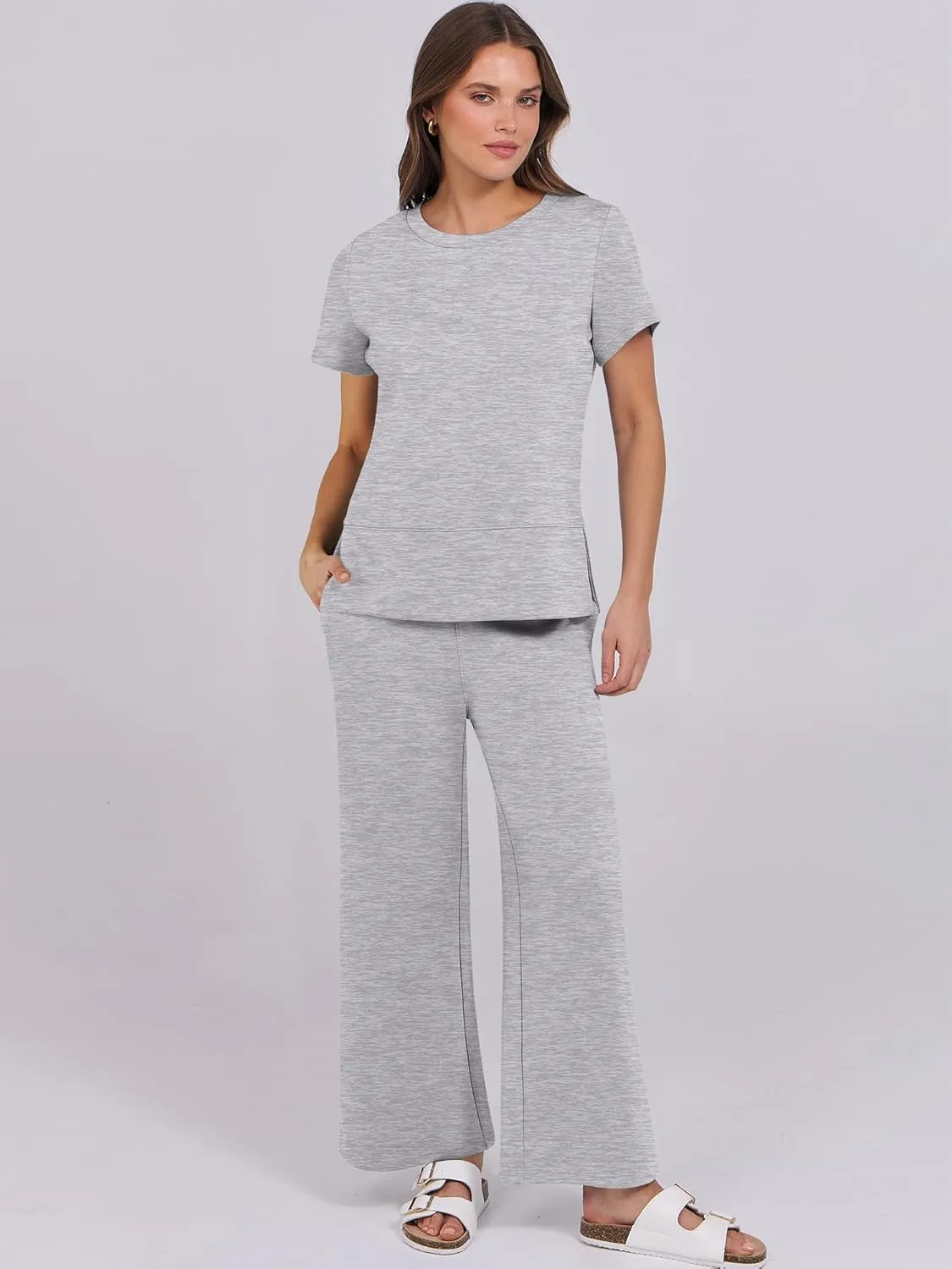 ANRABESS Women 2 Piece Lounge Sets Summer Travel Sweat Outfits Short Sleeve Wide Leg Casual Matching Tracksuits Clothes