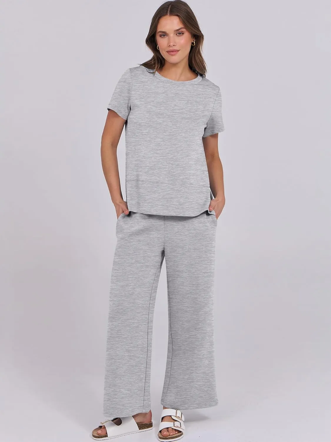 ANRABESS Women 2 Piece Lounge Sets Summer Travel Sweat Outfits Short Sleeve Wide Leg Casual Matching Tracksuits Clothes