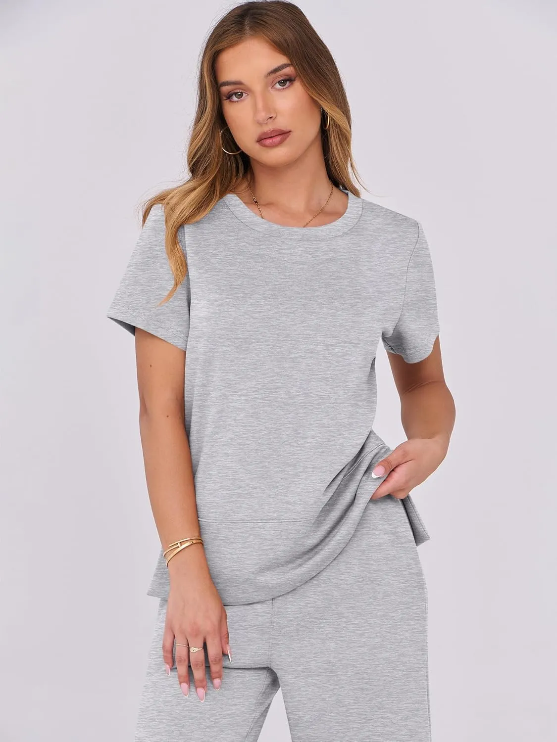 ANRABESS Women 2 Piece Lounge Sets Summer Travel Sweat Outfits Short Sleeve Wide Leg Casual Matching Tracksuits Clothes