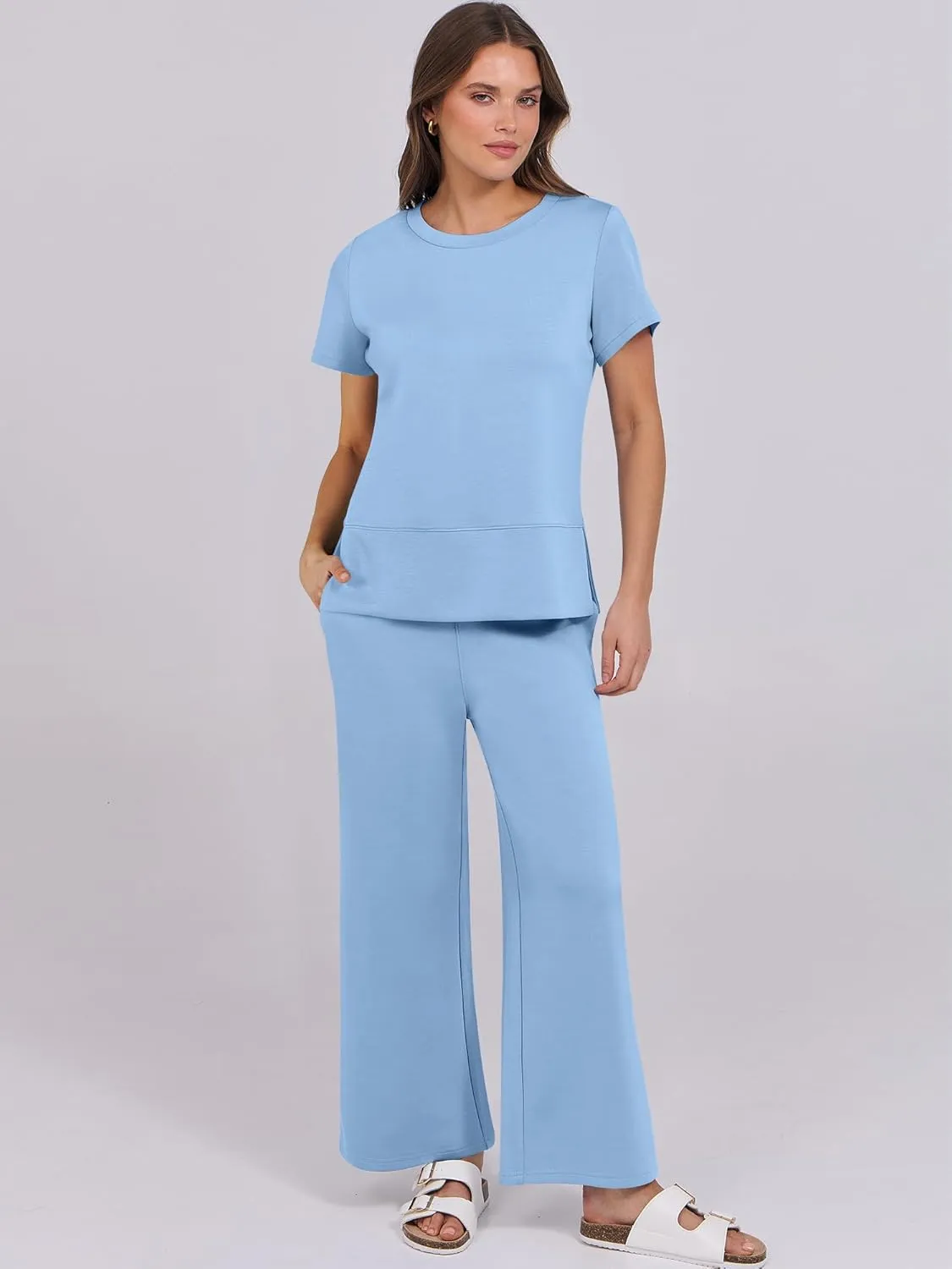 ANRABESS Women 2 Piece Lounge Sets Summer Travel Sweat Outfits Short Sleeve Wide Leg Casual Matching Tracksuits Clothes
