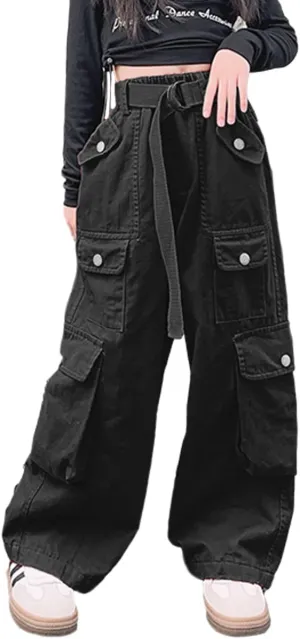 AOWKULAE Girls Loose Casual Pants Cargo Pants Waist Wide Leg Pants Kids 6-14 Years