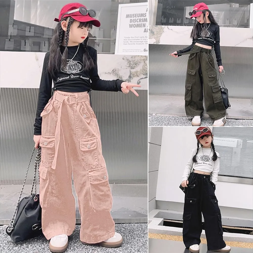 AOWKULAE Girls Loose Casual Pants Cargo Pants Waist Wide Leg Pants Kids 6-14 Years