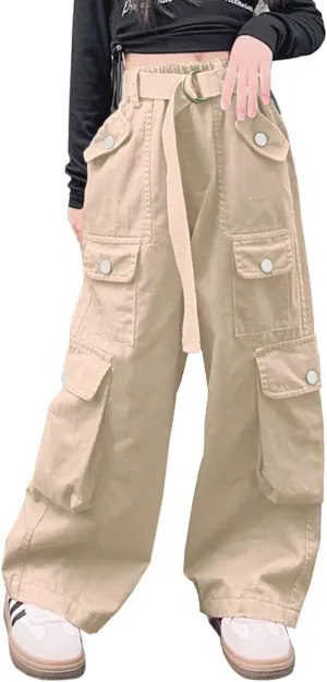 AOWKULAE Girls Loose Casual Pants Cargo Pants Waist Wide Leg Pants Kids 6-14 Years
