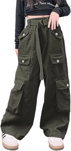 AOWKULAE Girls Loose Casual Pants Cargo Pants Waist Wide Leg Pants Kids 6-14 Years