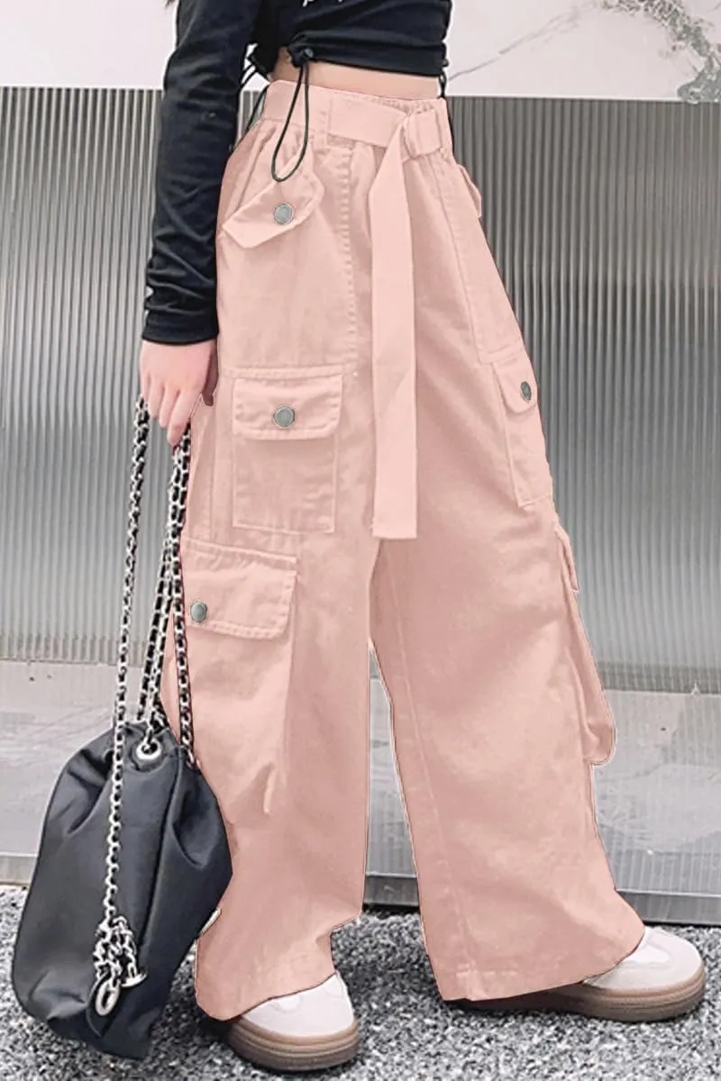 AOWKULAE Girls Loose Casual Pants Cargo Pants Waist Wide Leg Pants Kids 6-14 Years