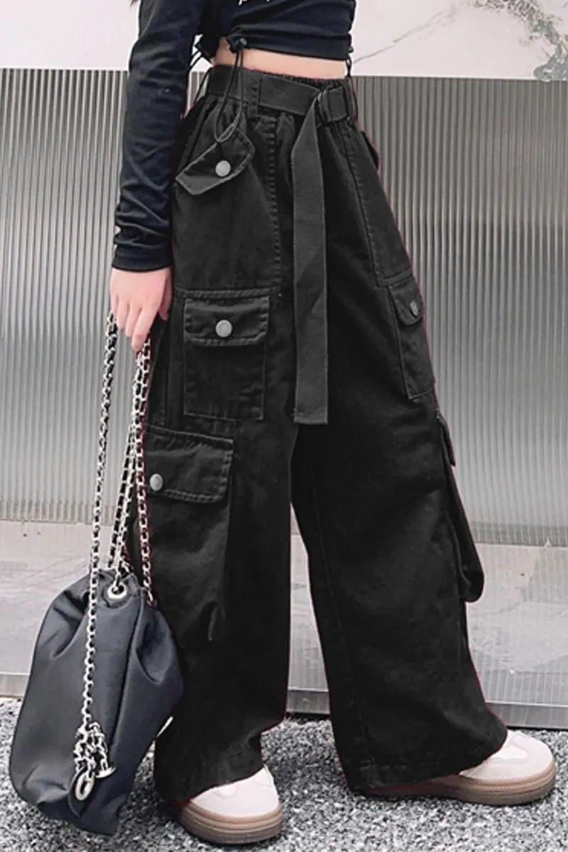 AOWKULAE Girls Loose Casual Pants Cargo Pants Waist Wide Leg Pants Kids 6-14 Years