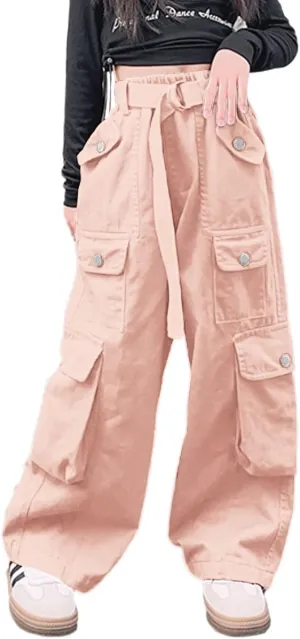 AOWKULAE Girls Loose Casual Pants Cargo Pants Waist Wide Leg Pants Kids 6-14 Years