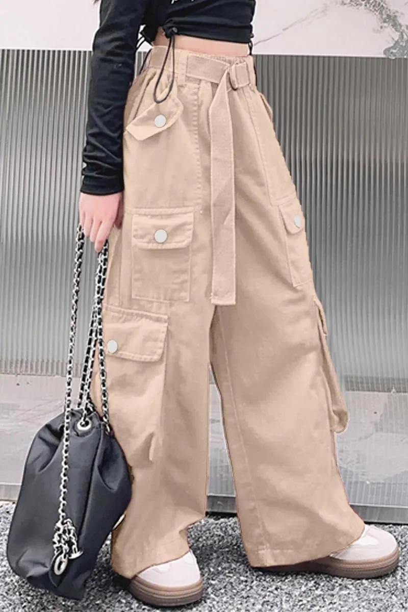 AOWKULAE Girls Loose Casual Pants Cargo Pants Waist Wide Leg Pants Kids 6-14 Years