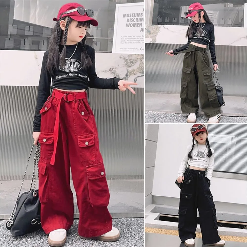 AOWKULAE Girls Loose Casual Pants Cargo Pants Waist Wide Leg Pants Kids 6-14 Years