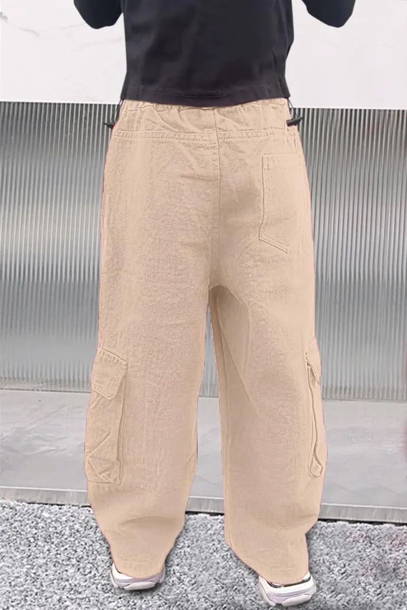 AOWKULAE Girls Loose Casual Pants Cargo Pants Waist Wide Leg Pants Kids 6-14 Years