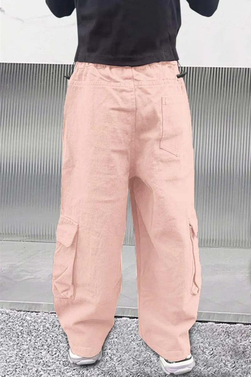 AOWKULAE Girls Loose Casual Pants Cargo Pants Waist Wide Leg Pants Kids 6-14 Years