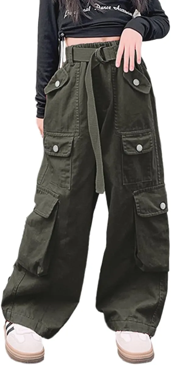 AOWKULAE Girls Loose Casual Pants Cargo Pants Waist Wide Leg Pants Kids 6-14 Years