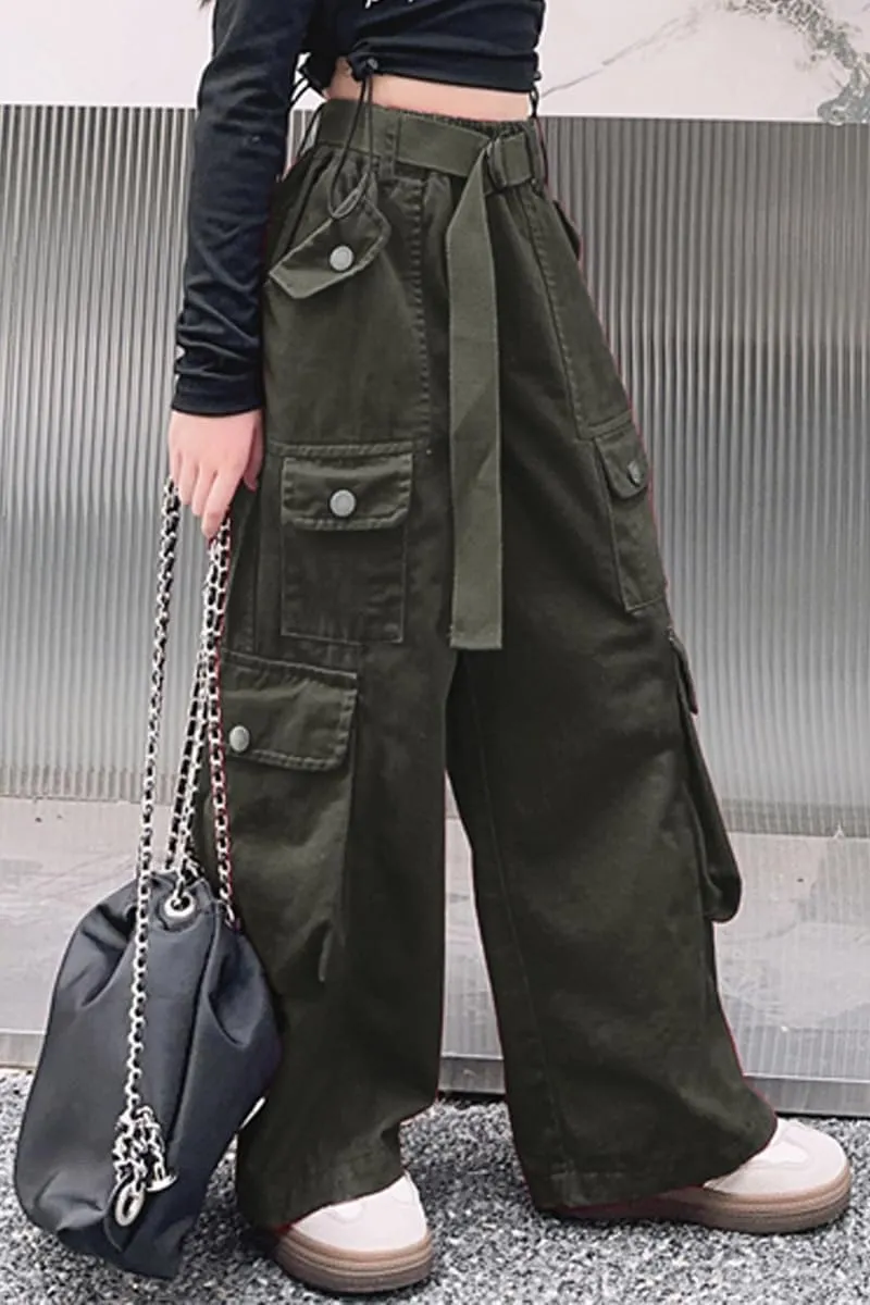AOWKULAE Girls Loose Casual Pants Cargo Pants Waist Wide Leg Pants Kids 6-14 Years