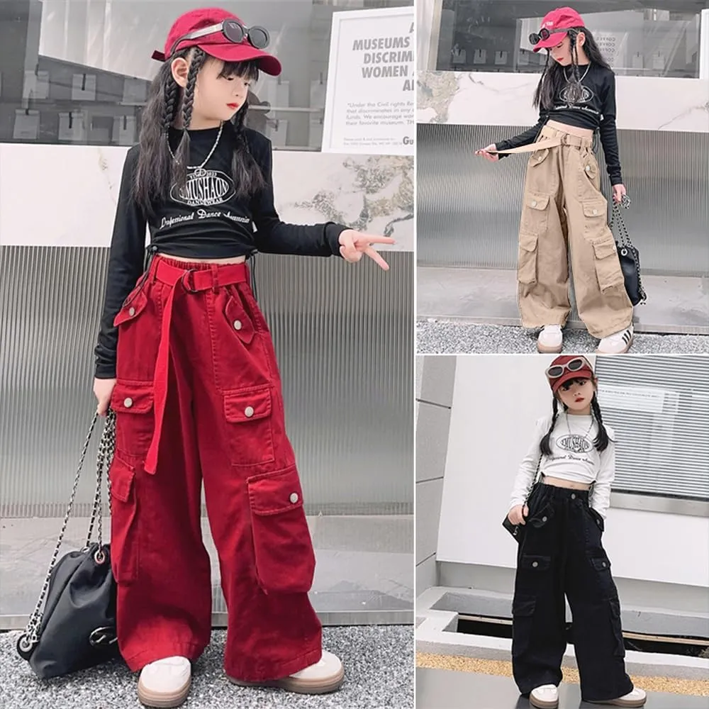 AOWKULAE Girls Loose Casual Pants Cargo Pants Waist Wide Leg Pants Kids 6-14 Years