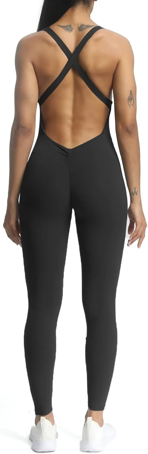 Aoxjox Workout Jumpsuit for Women Brooke Cross Back One Piece Scrunch Gym Yoga Sports Bras Jumpsuits