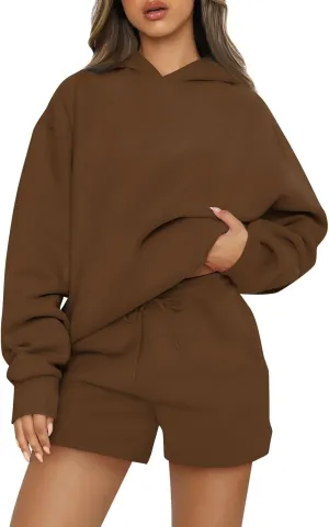 Basysin Lounge Sets for Women Womens 2 Piece Outfits Solid Oversized Hoodies Sweatsuit Sets Casual Sweatshirt and Shorts Set