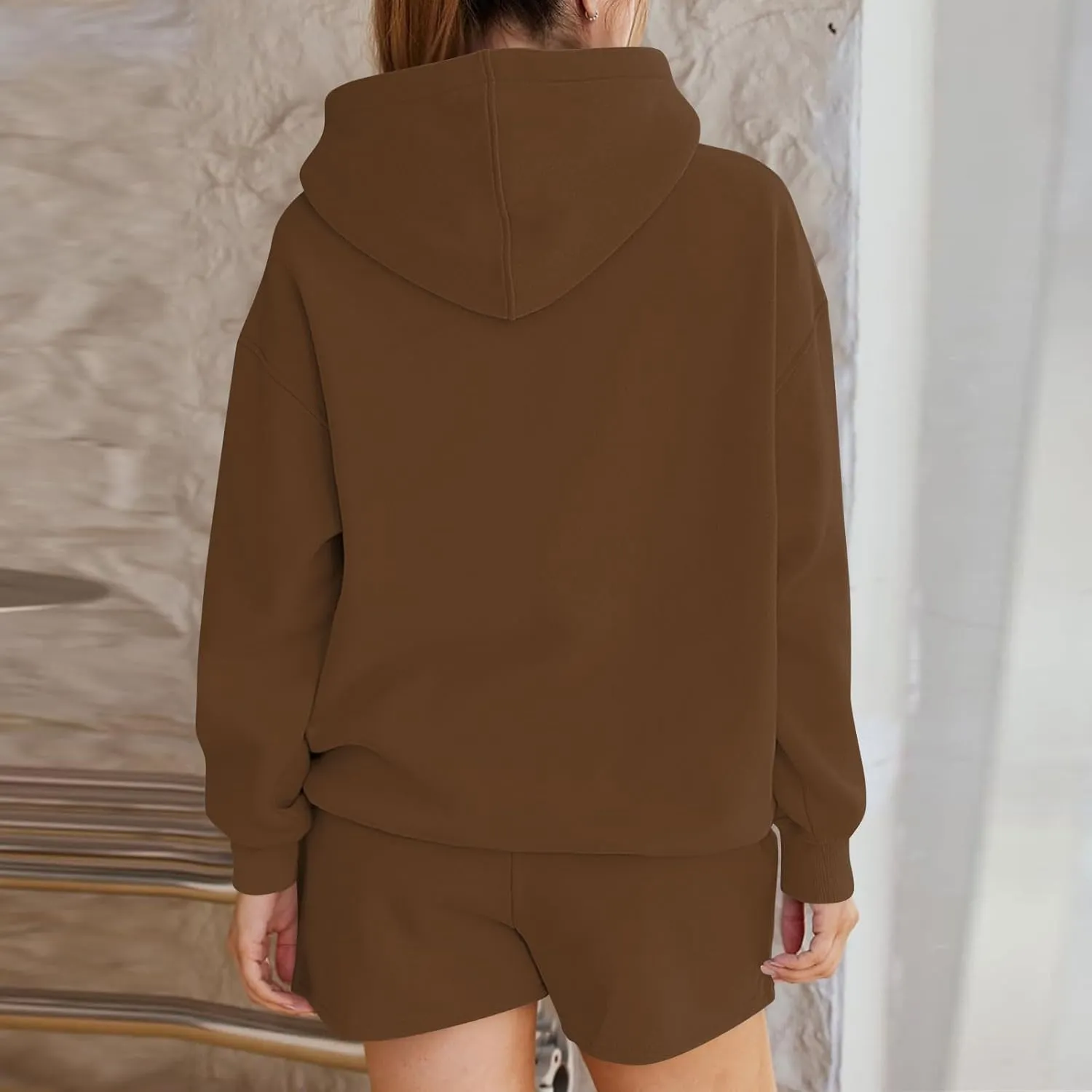 Basysin Lounge Sets for Women Womens 2 Piece Outfits Solid Oversized Hoodies Sweatsuit Sets Casual Sweatshirt and Shorts Set
