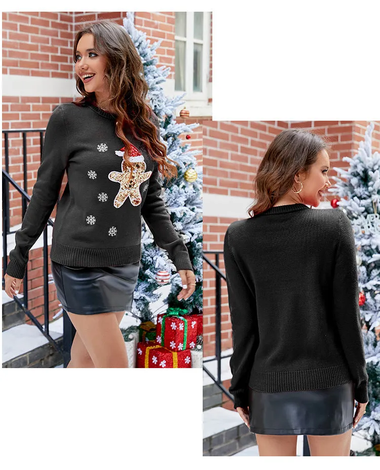 Bear Sequined Embroidery Christmas Knitted Sweater