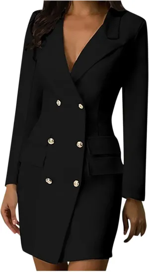 Blazer Dress for Women Fashion Business Casual Suit Jackets Double Breasted Button Front Style Slim Dresses