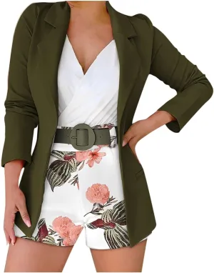 Blazer Sets Women 2 Piece Outfits with Belt Business Casual Jackets Elegant Cardigan Coat Floral Shorts Suit