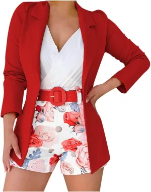 Blazer Sets Women 2 Piece Outfits with Belt Business Casual Jackets Elegant Cardigan Coat Floral Shorts Suit