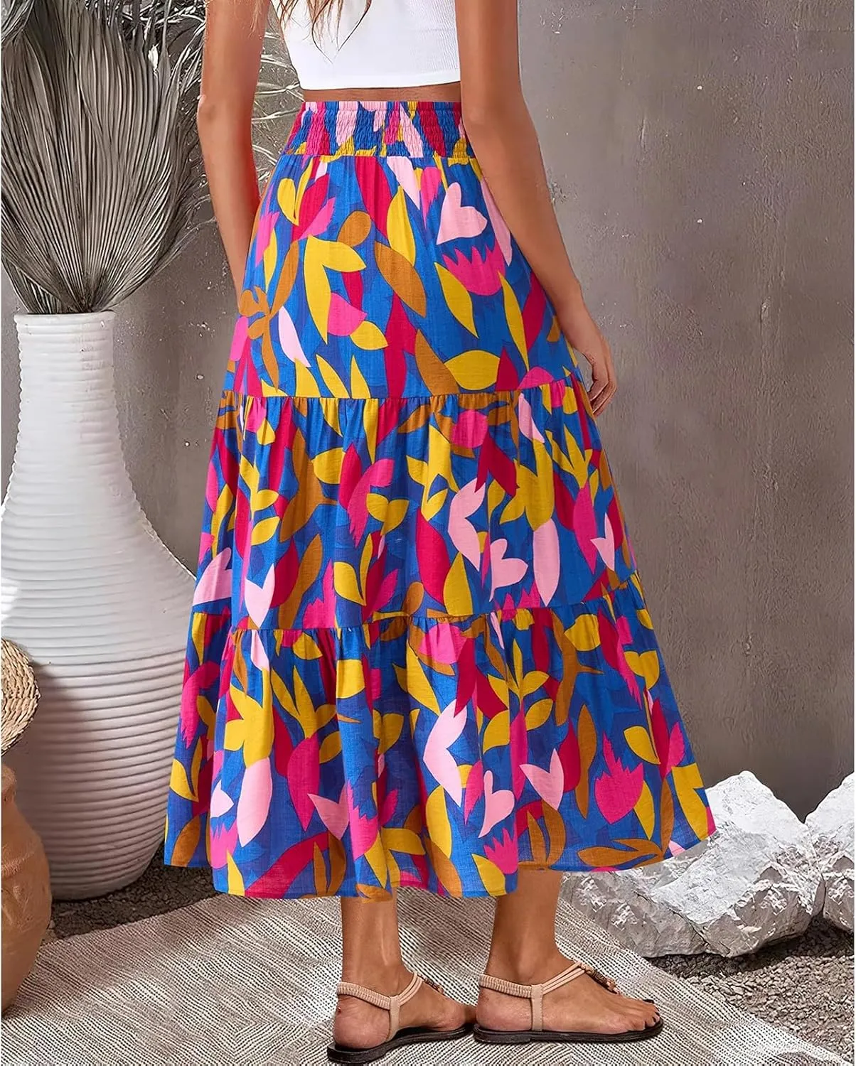 Boho Maxi Skirts for Women 2025 Tiered Floral Pleated Long Skirt Casual Hawaiian Elastic Waist Beach Flowy Skirt