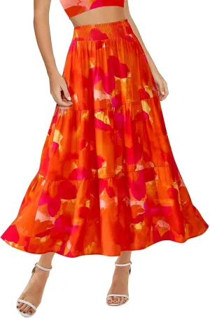 Boho Maxi Skirts for Women 2025 Tiered Floral Pleated Long Skirt Casual Hawaiian Elastic Waist Beach Flowy Skirt