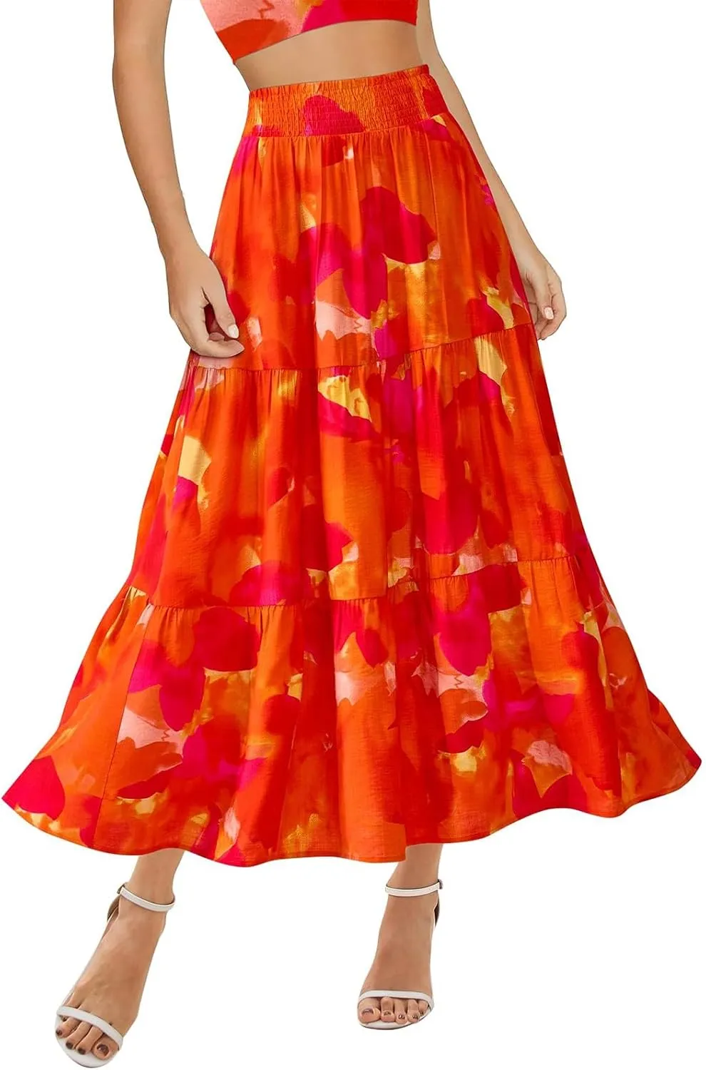 Boho Maxi Skirts for Women 2025 Tiered Floral Pleated Long Skirt Casual Hawaiian Elastic Waist Beach Flowy Skirt