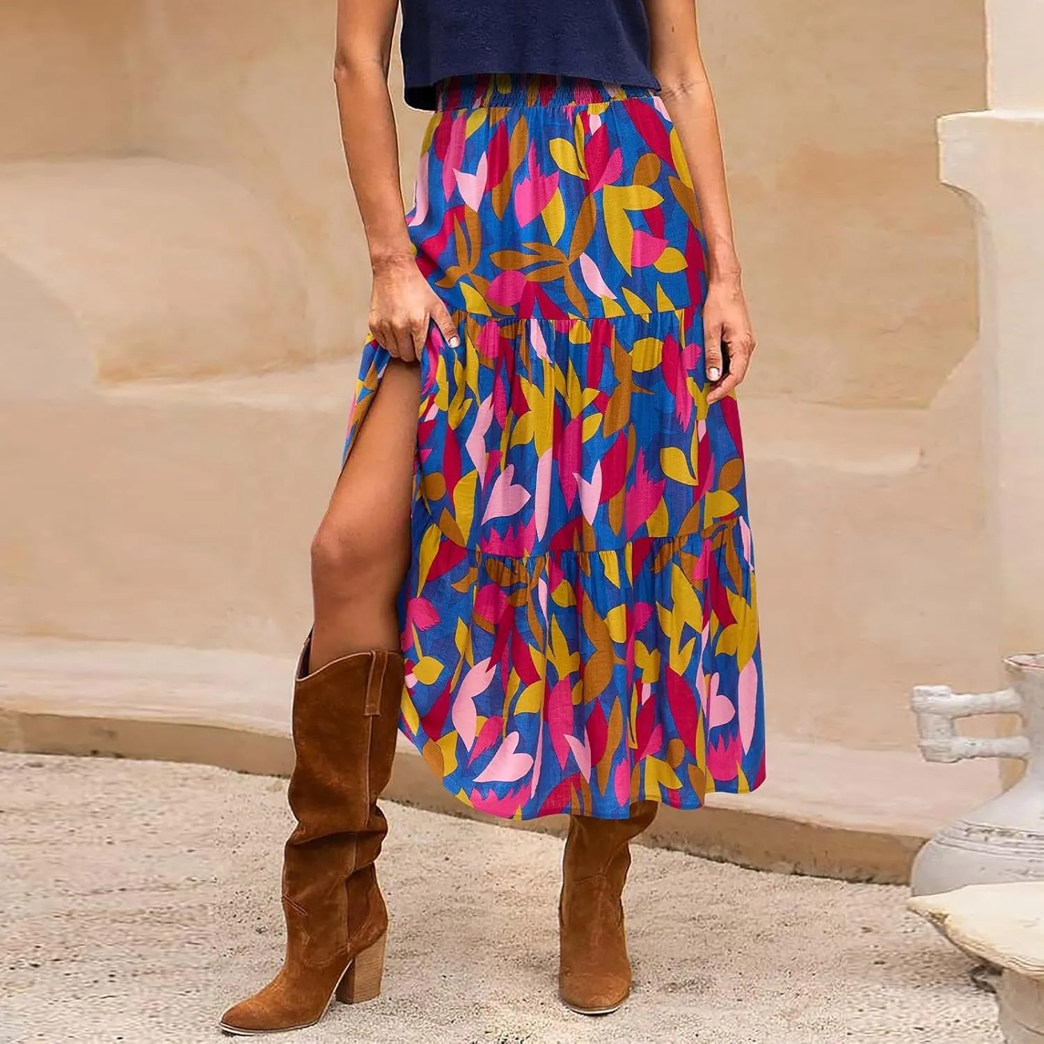 Boho Maxi Skirts for Women 2025 Tiered Floral Pleated Long Skirt Casual Hawaiian Elastic Waist Beach Flowy Skirt