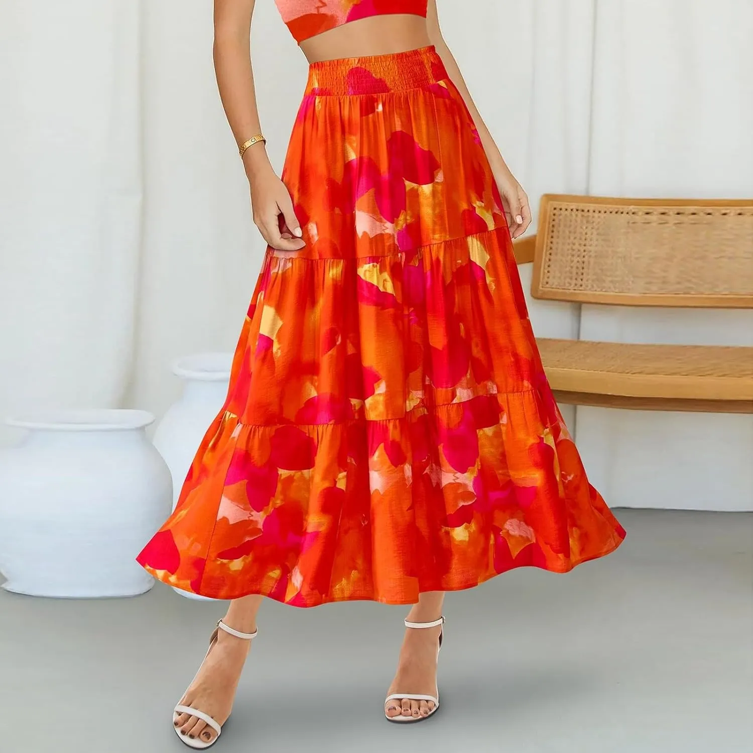 Boho Maxi Skirts for Women 2025 Tiered Floral Pleated Long Skirt Casual Hawaiian Elastic Waist Beach Flowy Skirt