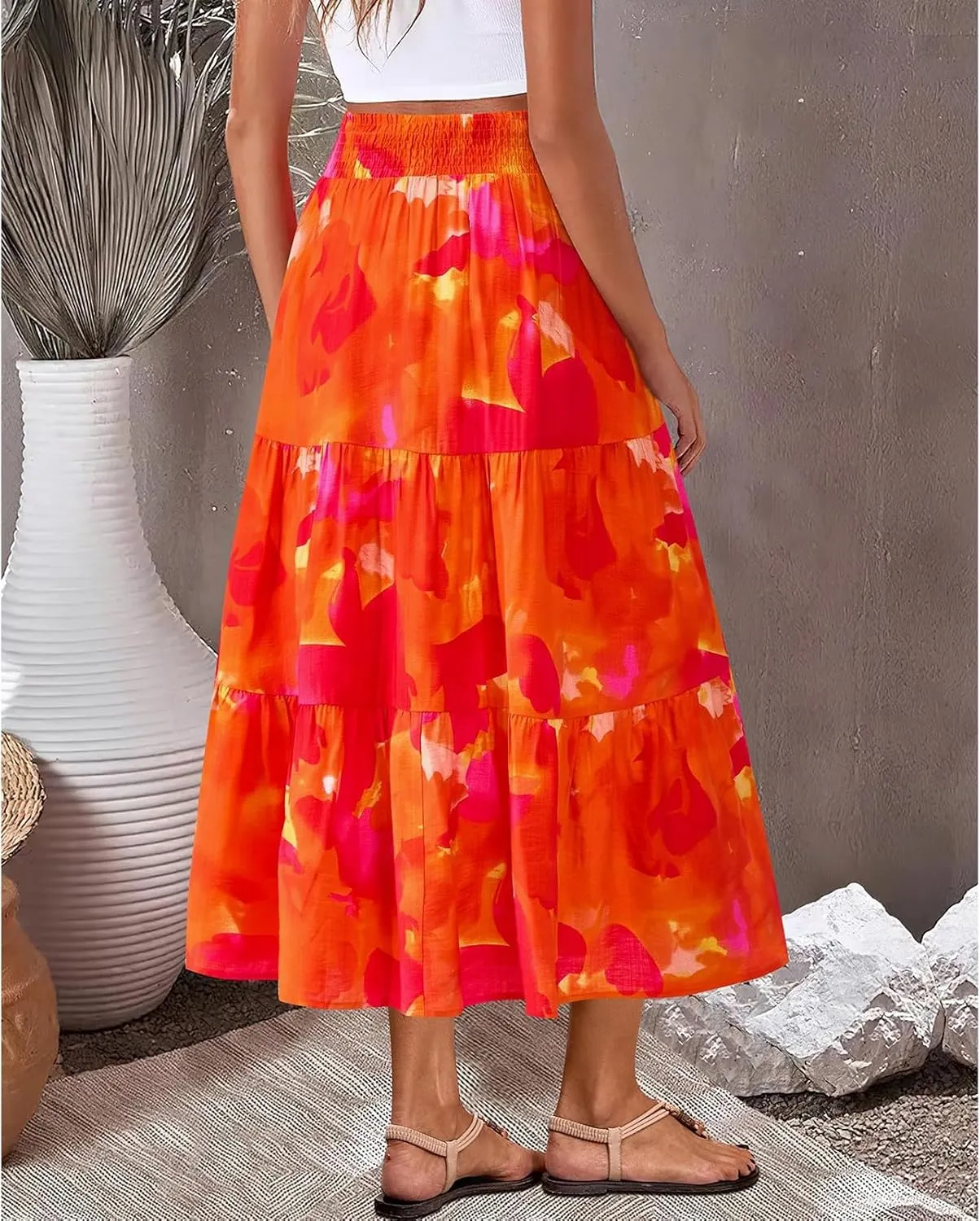 Boho Maxi Skirts for Women 2025 Tiered Floral Pleated Long Skirt Casual Hawaiian Elastic Waist Beach Flowy Skirt