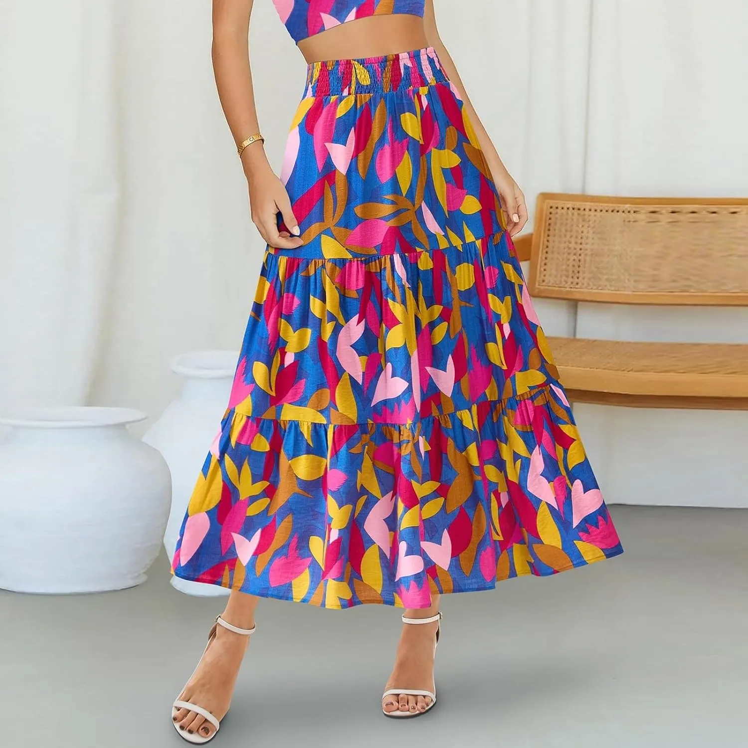 Boho Maxi Skirts for Women 2025 Tiered Floral Pleated Long Skirt Casual Hawaiian Elastic Waist Beach Flowy Skirt