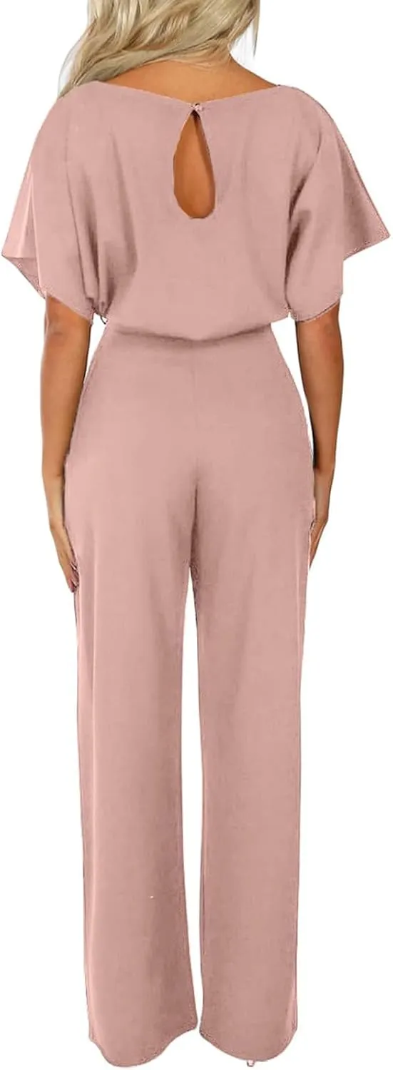 Canbebig Short Sleeve Jumpsuit for Women Belted High Waist Wide Leg Romper Casual Loose Boat Neck Jumpsuits with Pockets