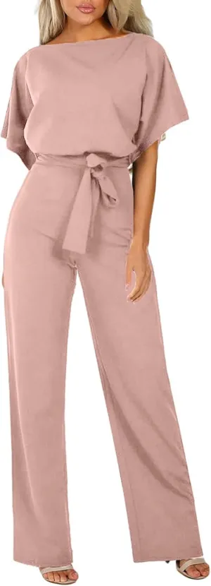 Canbebig Short Sleeve Jumpsuit for Women Belted High Waist Wide Leg Romper Casual Loose Boat Neck Jumpsuits with Pockets