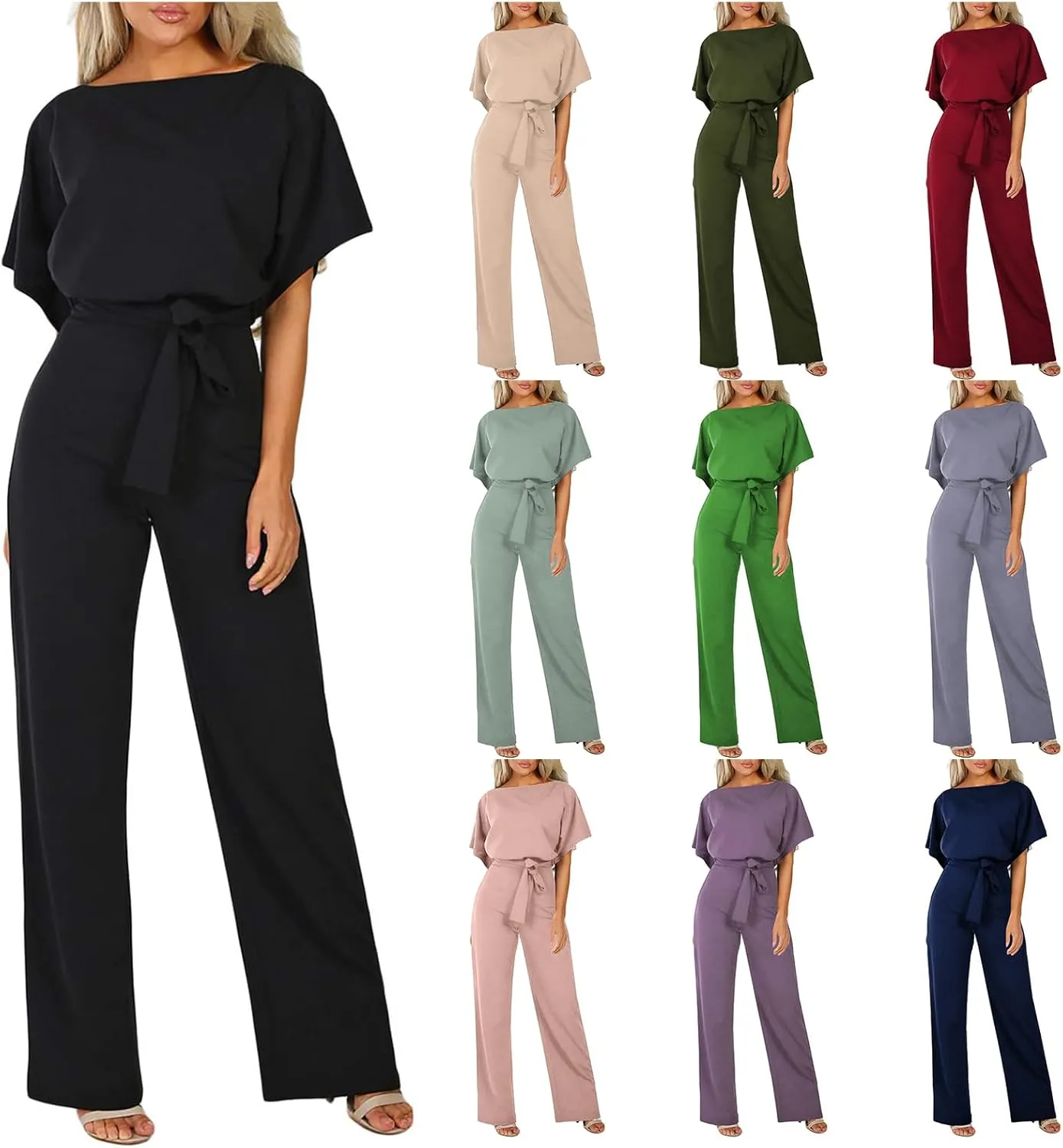 Canbebig Short Sleeve Jumpsuit for Women Belted High Waist Wide Leg Romper Casual Loose Boat Neck Jumpsuits with Pockets
