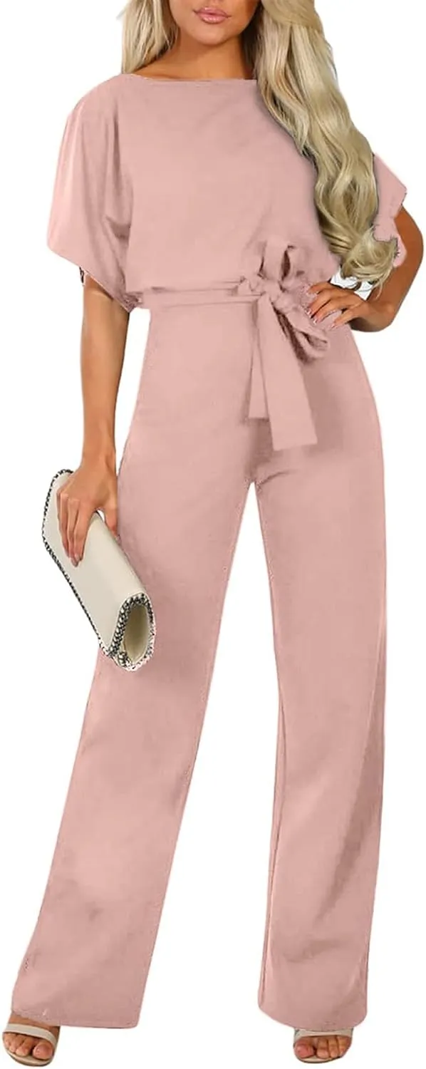 Canbebig Short Sleeve Jumpsuit for Women Belted High Waist Wide Leg Romper Casual Loose Boat Neck Jumpsuits with Pockets