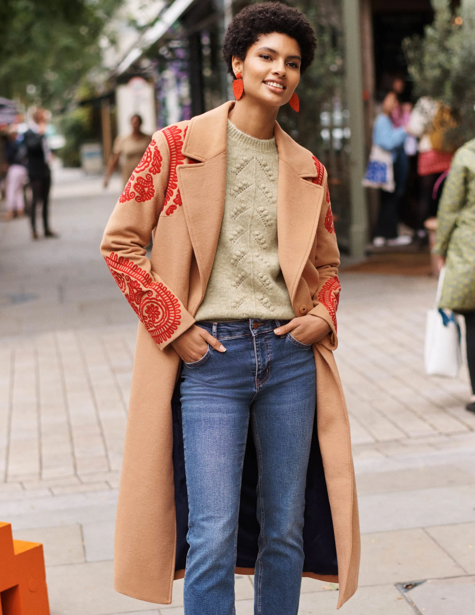 Cecily Embroidered Wool Coat-Oatmeal/Camel Marl