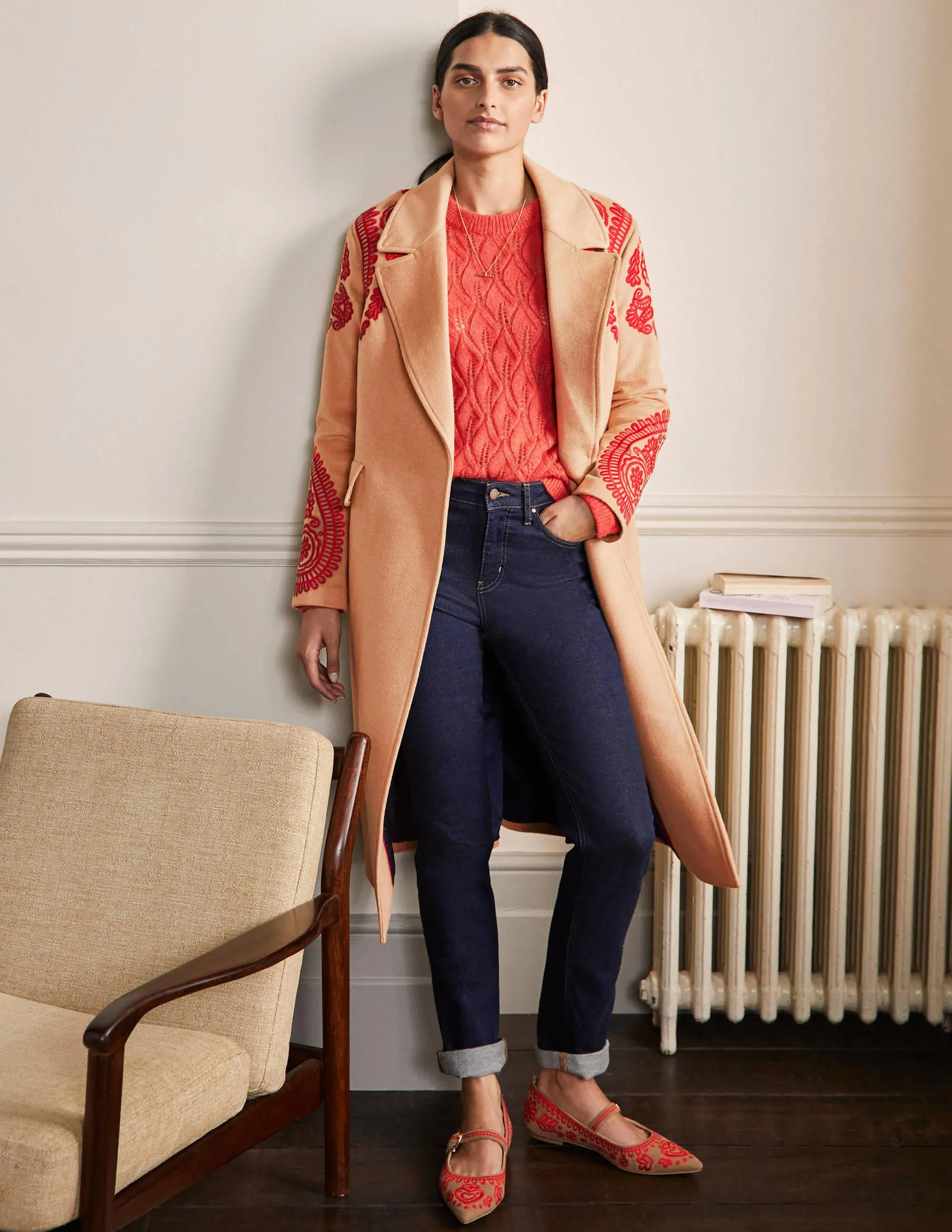 Cecily Embroidered Wool Coat-Oatmeal/Camel Marl