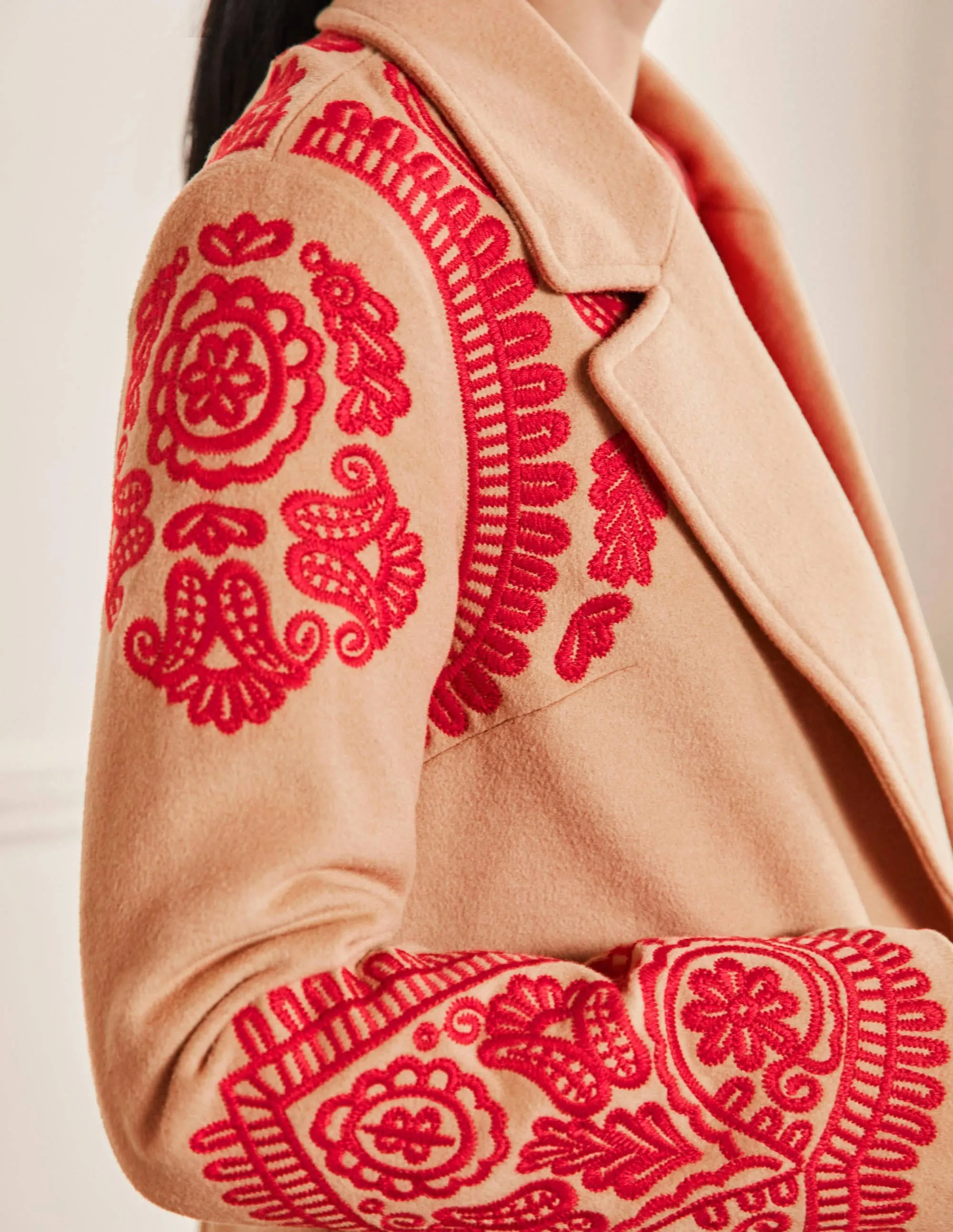 Cecily Embroidered Wool Coat-Oatmeal/Camel Marl