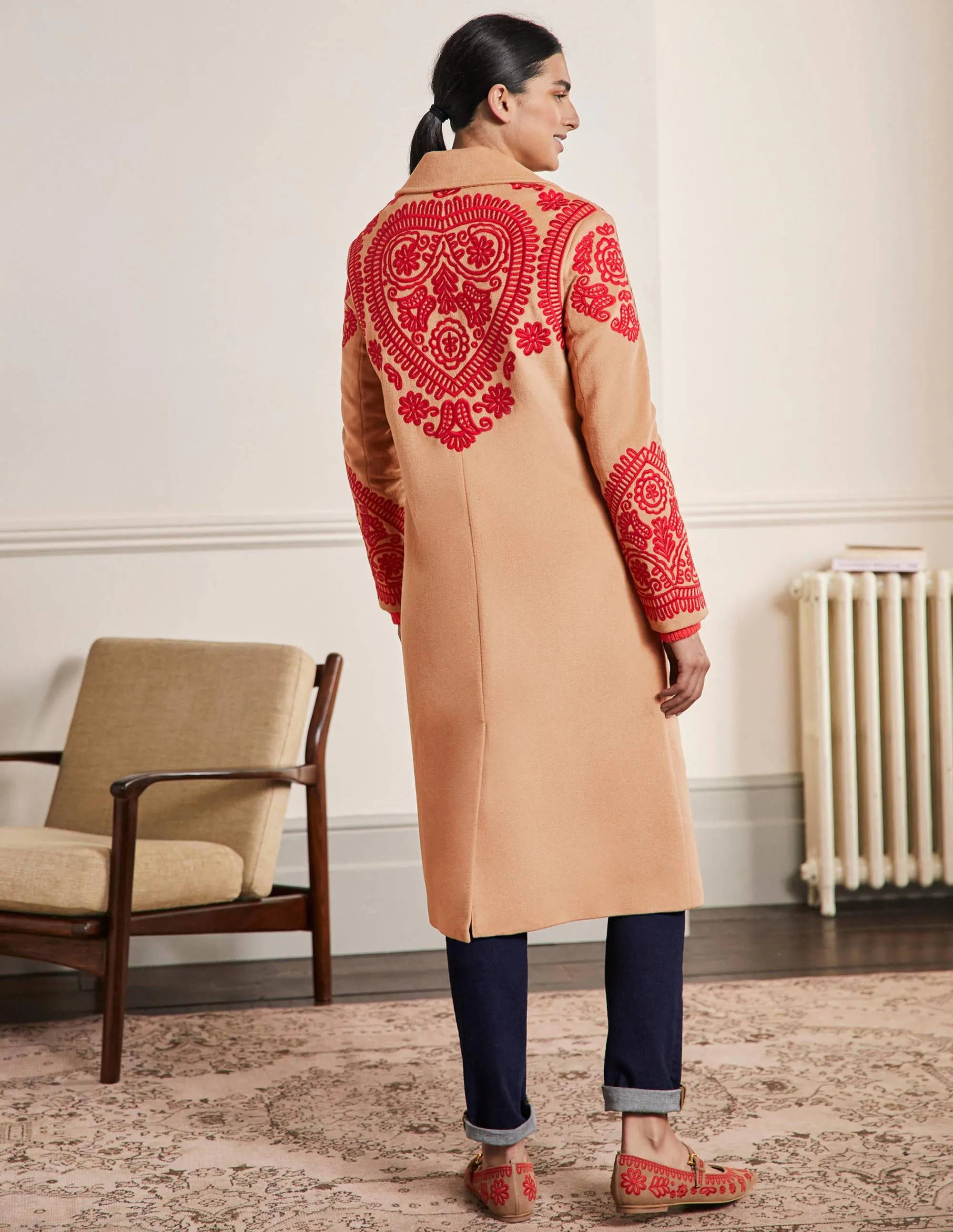 Cecily Embroidered Wool Coat-Oatmeal/Camel Marl