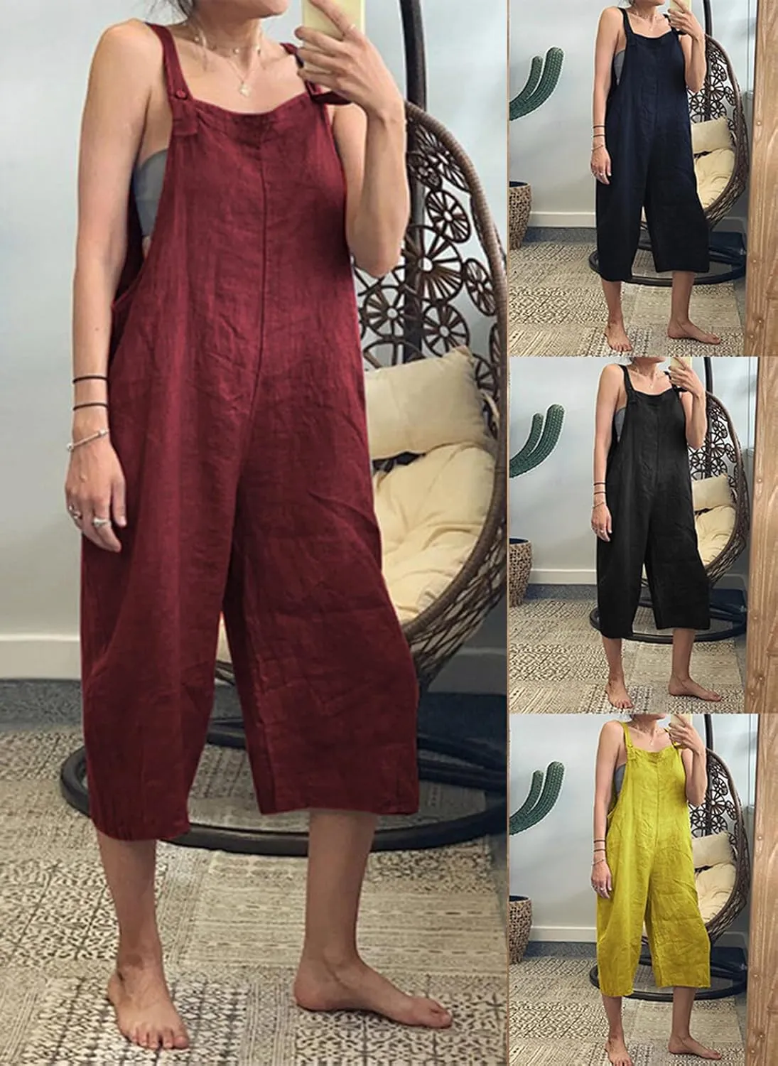 CHARTOU Casual Cotton Cropped Jumpsuit for Women Capri Overalls Loose Bib Rompers Straps Sleeveless Jumpsuit Onesie