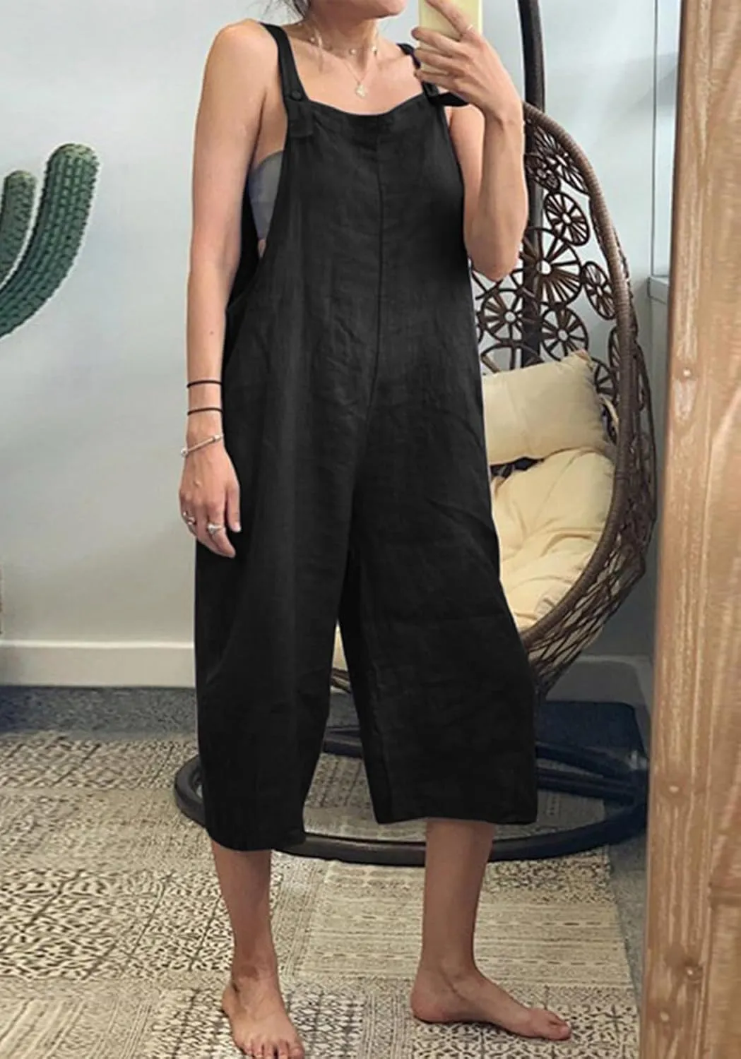 CHARTOU Casual Cotton Cropped Jumpsuit for Women Capri Overalls Loose Bib Rompers Straps Sleeveless Jumpsuit Onesie