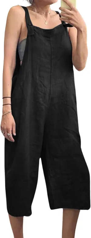 CHARTOU Casual Cotton Cropped Jumpsuit for Women Capri Overalls Loose Bib Rompers Straps Sleeveless Jumpsuit Onesie